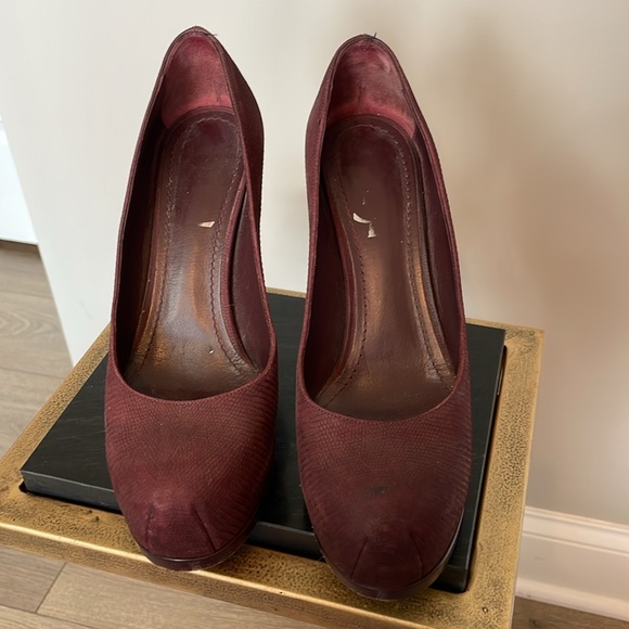 YSL Burgundy Pebbled Leather Platform Heels - Picture 4 of 13